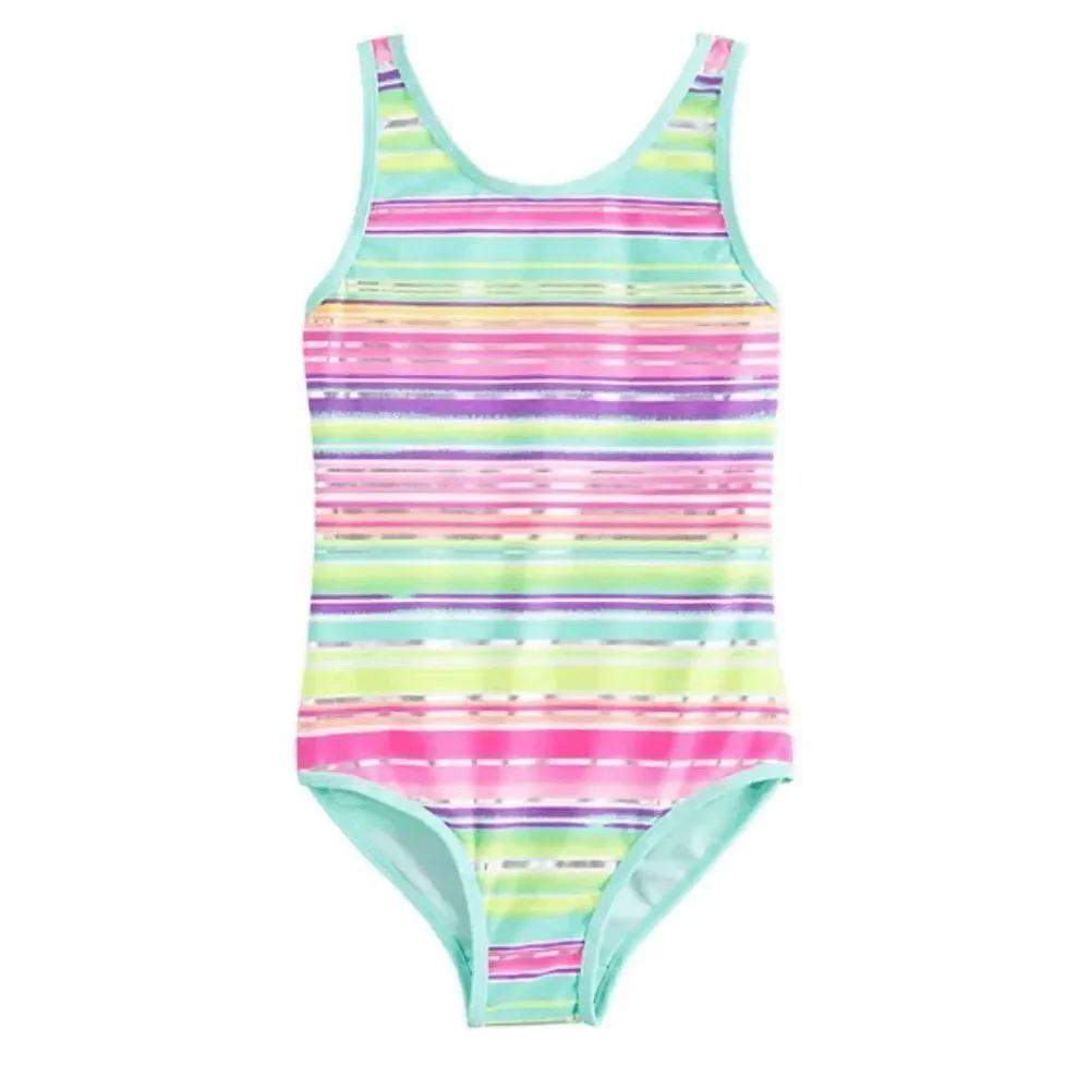 Girls One Piece Swimsuit Shiny Stripes Back Cross-Straps‎